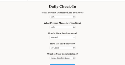 Daily Check-In screen showing mood and environment inputs